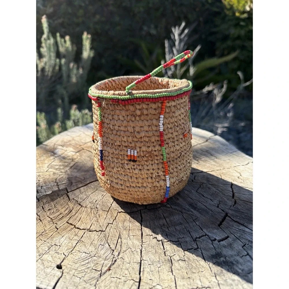Old Expertly Handwoven‎ Beaded Basket – Glass Trade Beads – 4.5